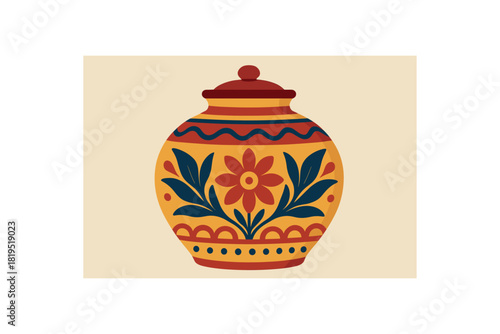 Flat vector illustration of bright decorative ceramic jar with bold motifs rounded silhouette minimal details