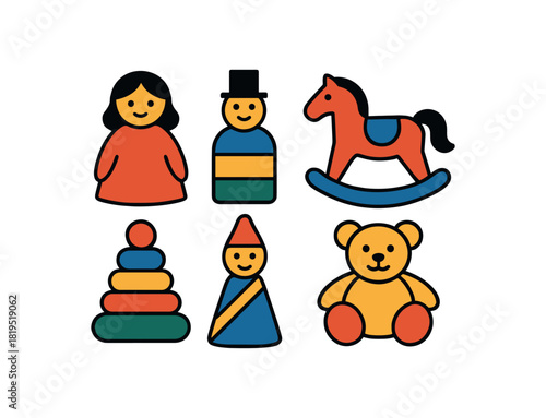 Flat vector illustration of colorful figurine set with bold details rounded silhouettes minimalistic design