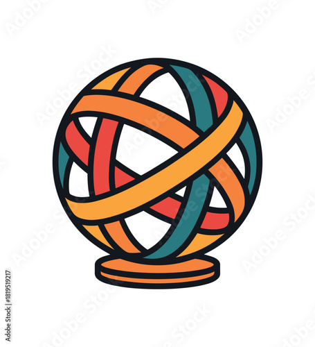Flat vector illustration of bright decorative sculpture sphere with bold geometric lines rounded shape clean outline