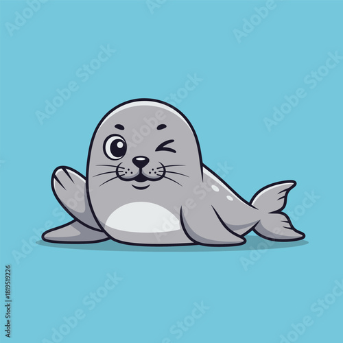 An adorable cartoon baby seal winking one eye and waving its flipper in a friendly gesture.