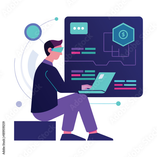 Illustration of Man Working with Laptop and Augmented Reality Display