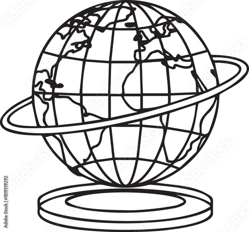 Monochrome Globe with Orbiting Ring and Stand Illustration.