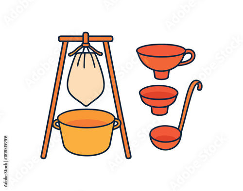 Flat vector jelly straining: jelly bag stand catch bowl canning funnel ladle bright vibrant palette clean outlines minimal centered isolated on white no logos