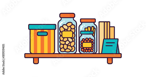 Flat vector pantry storage: shelf lined box labeled jars dividers note card bright vibrant palette clean outlines minimal centered isolated on white no logos