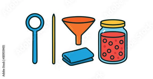 Flat vector bubble removal: bubble remover stick skewer funnel filled jar cloth bright vibrant palette clean outlines minimal centered isolated on white no logos
