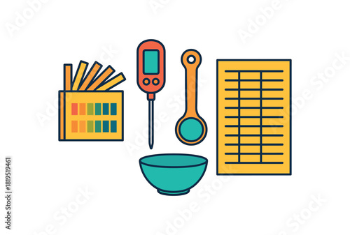 Flat vector safety check kit: pH strips kitchen thermometer sample spoon small bowl log sheet bright vibrant palette clean outlines minimal centered isolated on white no logos