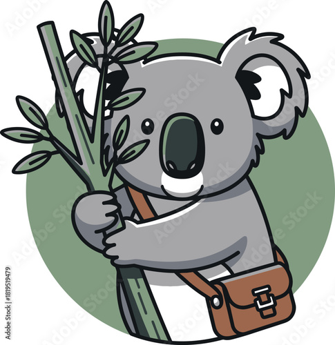 A cute cartoon koala with a satchel bag holding a eucalyptus branch.