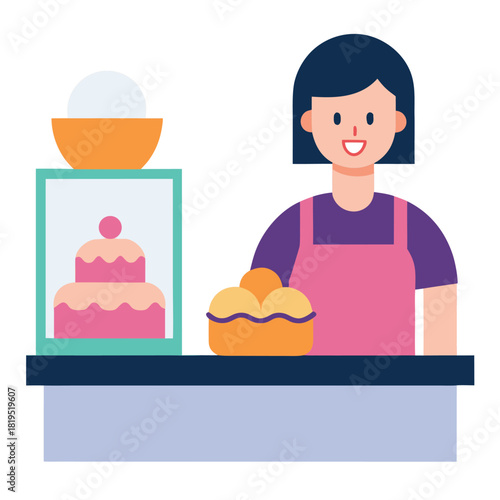 Friendly bakery worker serving cakes, pies, and pastries