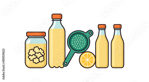 Flat vector water kefir kit: kefir grains jar sugar water bottle plastic strainer lemon slice bottles bright vibrant palette clean outlines minimal centered isolated on white no logos