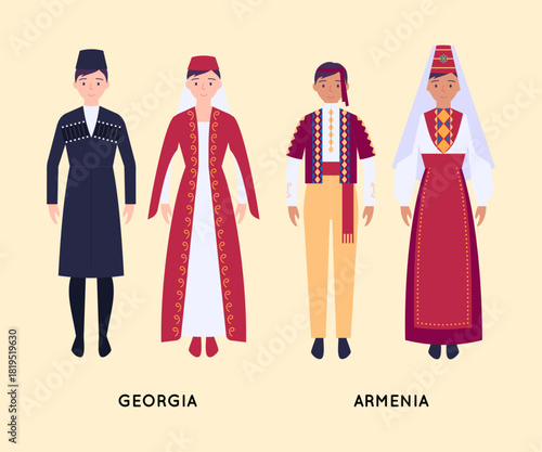 Cartoon Color Characters People Georgia and Armenia National Costumes Set from Different Countries Concept Flat Design Style. Vector illustration