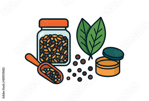 Flat vector pickle spice blend: seed mix jar bay leaves peppercorns scoop tin bright vibrant palette clean outlines minimal centered isolated on white no logos