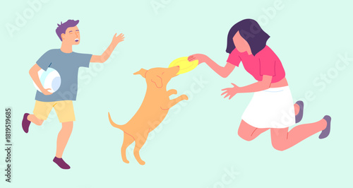 Cartoon Color Characters Boy and Girl Play with a Dog Concept Flat Design Style . Vector illustration