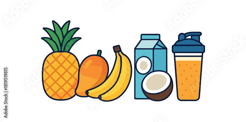 Flat vector tropical smoothie set: pineapple mango banana coconut milk shaker bottle bright vibrant palette clean outlines minimal centered isolated on white no logos