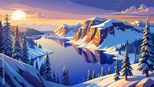 Very beautiful winter view of Crater Lake, Oregon, at sunrise, showcasing the deep blue lake surrounded by snow-covered cliffs, with soft golden light illuminating the pristine volcanic landscape.
