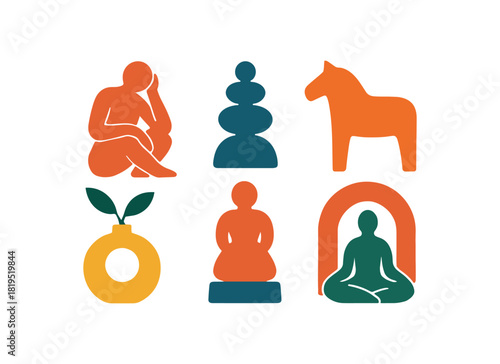 Flat vector illustration of bright figurine set with bold shapes rounded forms minimal details home decor