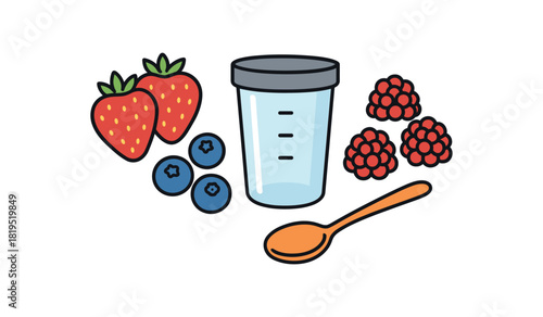 Flat vector berry blend kit: strawberries blueberries raspberries blender cup spoon bright vibrant palette clean outlines minimal centered isolated on white no logos