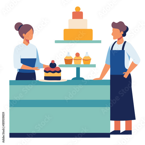 Bakery workers with delicious cakes and cupcakes on display