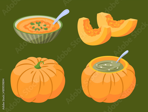 Cartoon Color Pumpkin Spice Seasonal Product Soup Set Menu Restaurant Concept Flat Design Style. Vector illustration