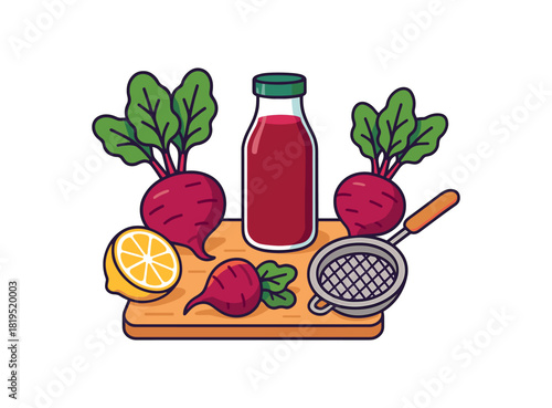 Flat vector beetroot energy juice: beets lemon bottle sieve chopping board bright vibrant palette clean outlines minimal centered isolated on white no logos