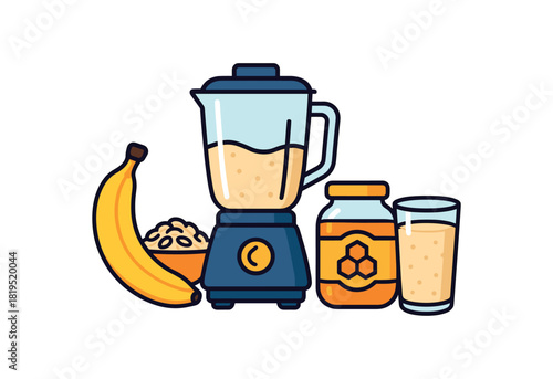 Flat vector banana oat smoothie: banana oats blender honey jar glass bright vibrant palette clean outlines minimal centered isolated on white no logos