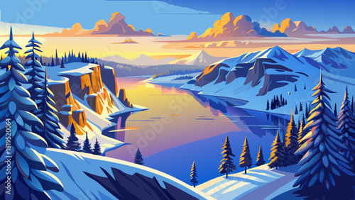 Very beautiful winter view of Crater Lake, Oregon, at sunrise, showcasing the deep blue lake surrounded by snow-covered cliffs, with soft golden light illuminating the pristine volcanic landscape.