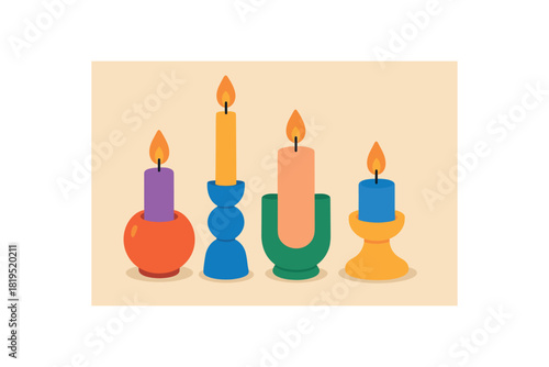 Flat vector illustration of colorful candle set with vivid holders rounded forms modern home decor