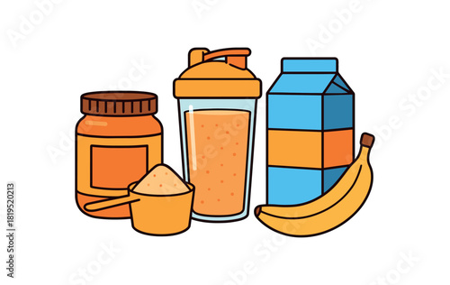 Flat vector peanut butter protein shake: peanut butter jar scoop shaker milk banana bright vibrant palette clean outlines minimal centered isolated on white no logos