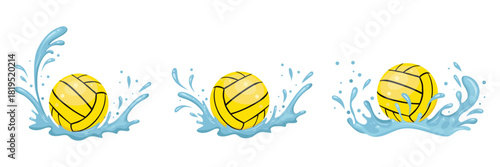 A yellow water polo ball splashing. A ball used for playing in swimming pool. Liquid splashes from a dropped object. Sports equipment. Vector image isolated on a transparent background in a flat style