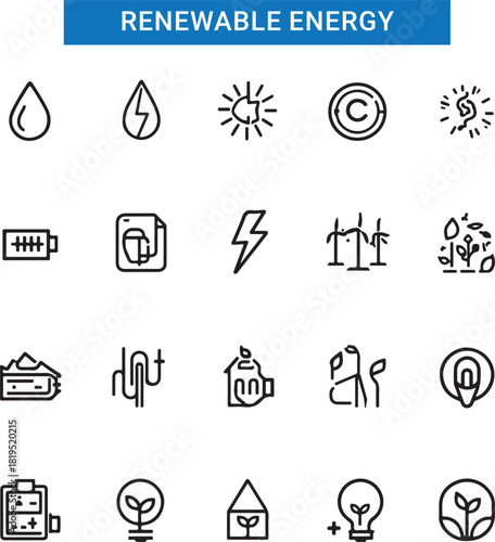 A comprehensive collection of eco-friendly icons representing sustainability, renewable energy, and environmental protection concepts for creative projects