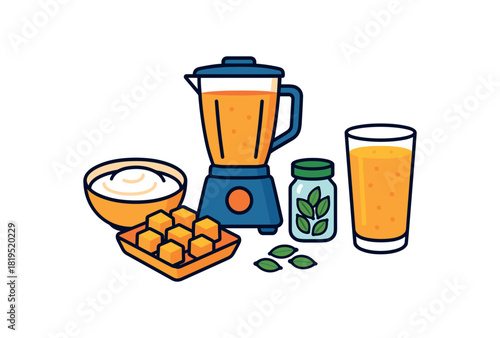 Flat vector mango lassi: yogurt bowl mango cubes blender cardamom jar glass bright vibrant palette clean outlines minimal centered isolated on white no logos