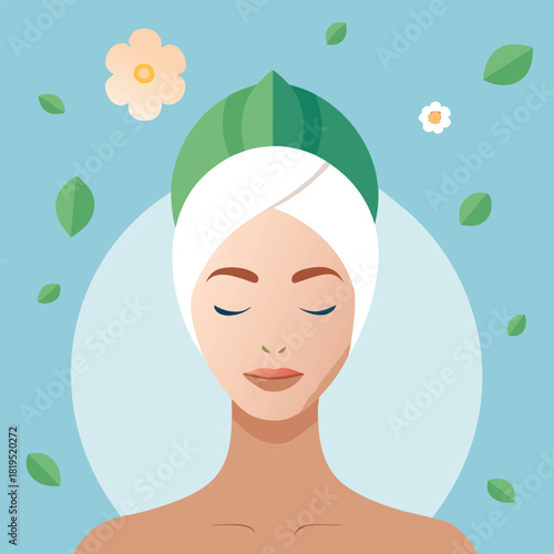Woman with Towel on Head Surrounded by Flowers and Leaves