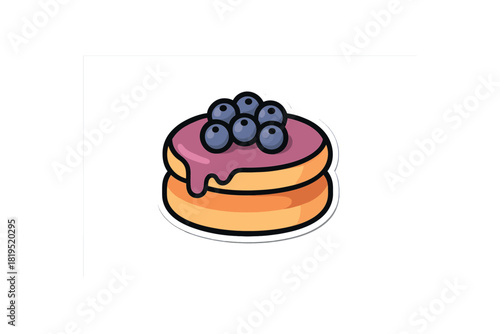 Single pancake with blueberry topping flat vector style bold outline sticker look bright warm palette isolated on transparent background centered no face no shadow