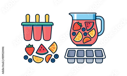 Flat vector fruit popsicles: molds stick handles fruit mix jug tray bright vibrant palette clean outlines minimal centered isolated on white no logos