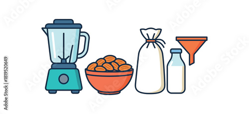 Flat vector almond milk prep: blender almonds bowl strainer bag bottle funnel bright vibrant palette clean outlines minimal centered isolated on white no logos