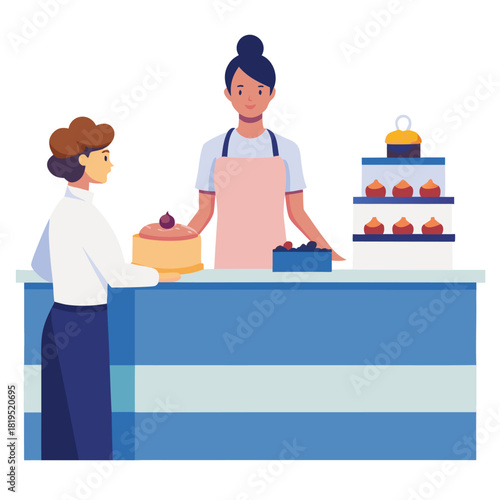 Baker serving cake to customer at bakery counter