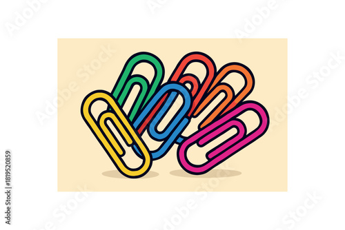 Flat vector illustration of bright paper clips bundle with bold colors rounded shapes clean outline