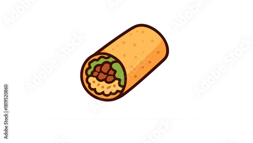 Single burrito roll with visible filling flat vector style bold outline sticker look bright warm palette isolated on transparent background centered no face