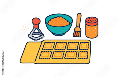 Flat vector ravioli making: pasta dough sheet ravioli stamp filling bowl brush flour shaker bright vibrant palette clean outlines minimal centered isolated on white no logos