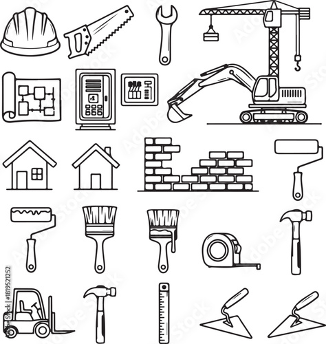 Construction and Building Tools Seamless Pattern Black and White Outline Style