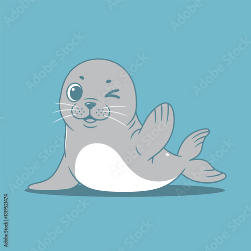 A charming cartoon illustration of a cute baby seal winking and waving its flipper in a friendly gesture.