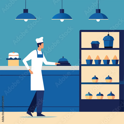 Confectioner serving desserts at counter