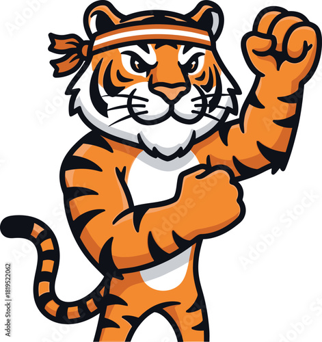 Cartoon tiger with orange and black stripes, wearing a headband, and flexing its arms in a fighting pose.