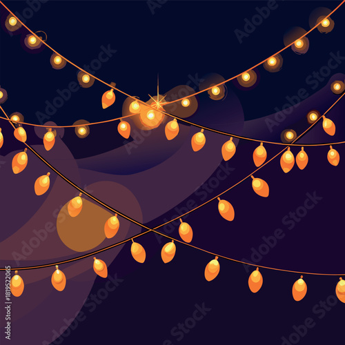 Warm golden string lights hanging in gentle curves against a dark night background, glowing softly with a cozy festive atmosphere.