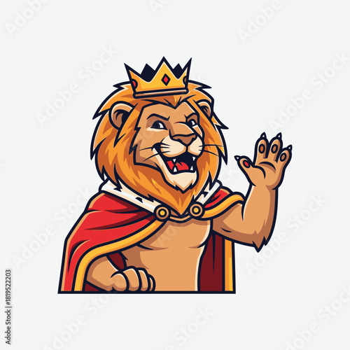 A cartoon lion king wearing a crown and red cape, smiling and waving, isolated on a white background.