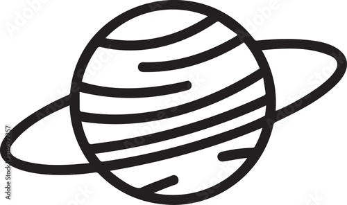 Stylized Planet with Rings in Black and White Outline.