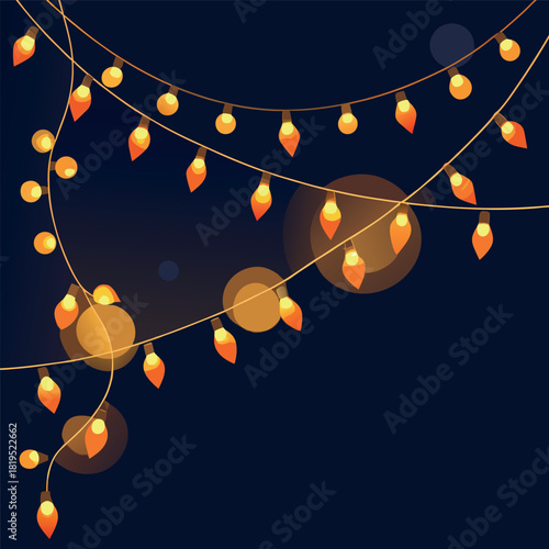 Warm golden string lights hanging in gentle curves against a dark night background, glowing softly with a cozy festive atmosphere.
