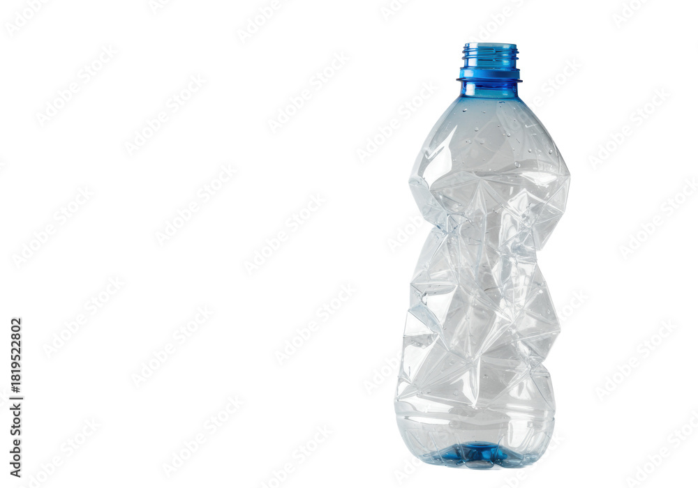 Fototapeta premium Crumpled clear plastic water bottle with a vibrant blue screw cap, standing upright on a transparent studio background with copy space Concept of plastic waste and environmental pollution