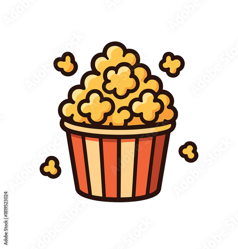 Single bowl of popcorn overflowing flat vector style bold outline sticker look bright warm palette isolated on transparent background centered no face