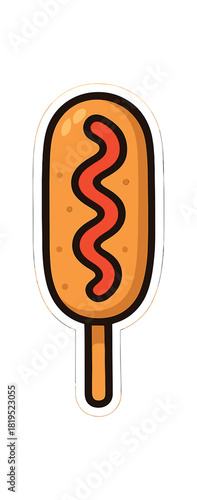 Single corn dog on stick with ketchup line flat vector style bold outline sticker look bright warm palette isolated on transparent background centered no face