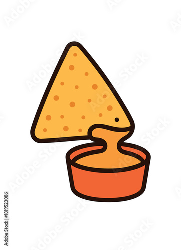 Single cheese nacho chip with sauce dip flat vector style bold outline sticker look bright warm palette isolated on transparent background centered no face